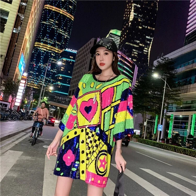 #0218 Summer Long T Shirt Women Loose Streetwear Funny Hip Hop T Shirt Short Sleeve Shinny Sequined T-shirt Female Split Joint