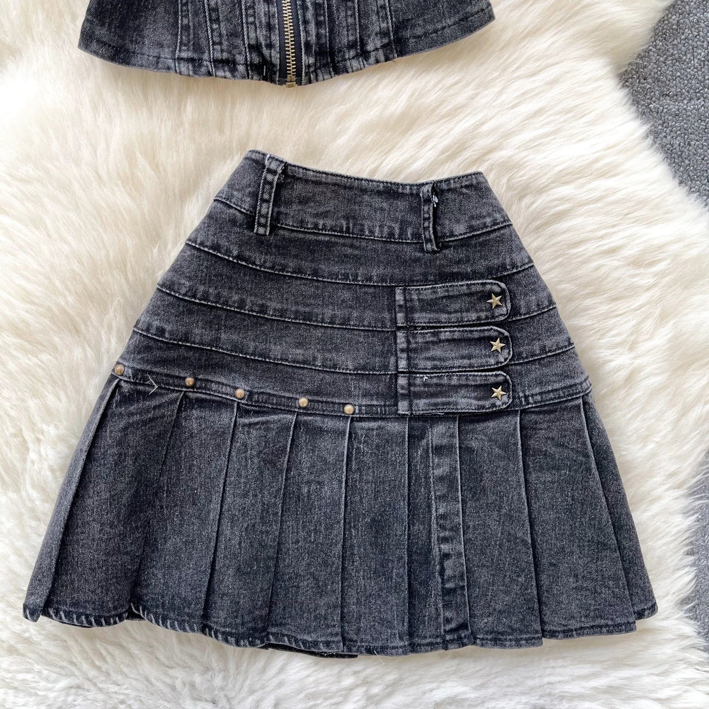 2025 New Women Denim Clothing Suits Chic Zipper Willow nail sleeveless strapless Tops + Pleated Jeans Mini Skirt 2-piece Sets