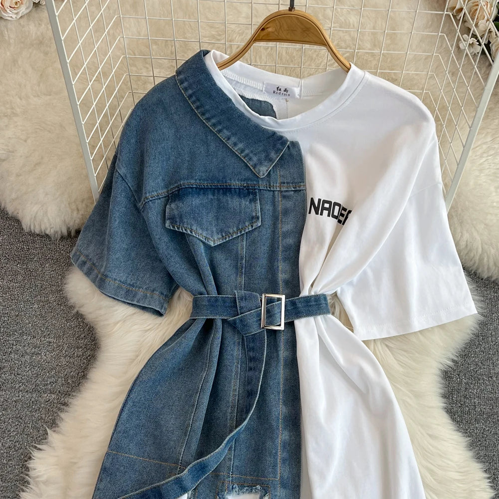 Elegant Summer Women Patchwork Denim Shirts Vintage Casual Slim Blouses Tops with Belted Female Fashion Pullover Clothes New