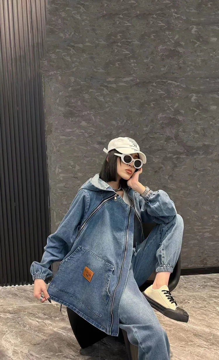 European denim fashion suit for women loose trendy for spring and autumn vintage denim jacket harem pants two-piece set trendy