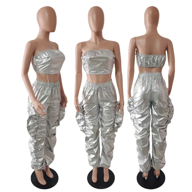 Gold Sliver Metallic Birthday Outfits Women Two Peice Sets Club Party Crop Top and Pants Streetwear Hip Hop Rave Festival Outfit