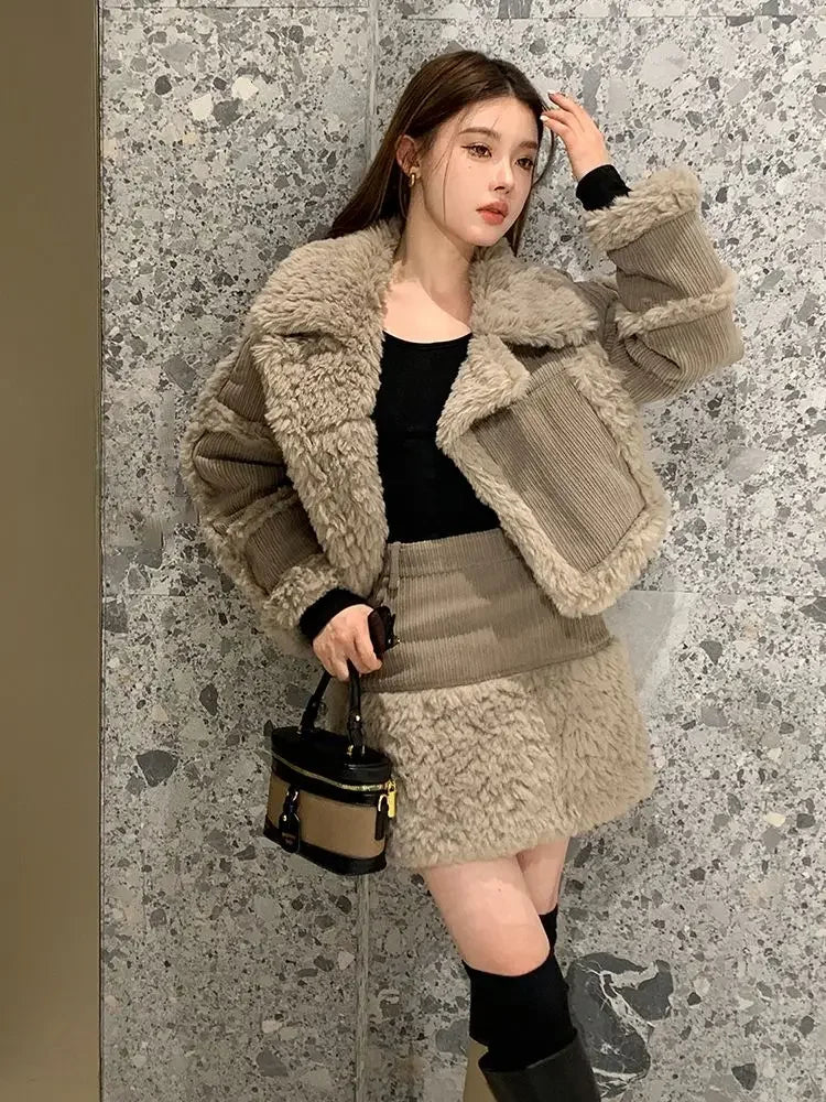 Retro style fashionable splicing furry short coat top high waist skirt short skirt two-piece suit winter women's clothing