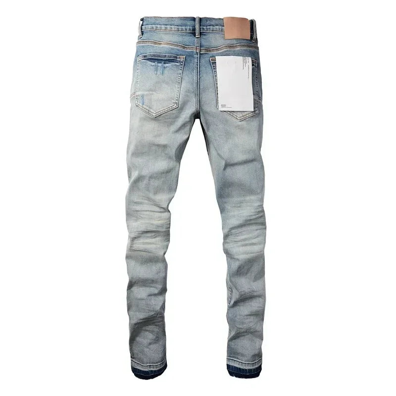 American Purples Jeans men Fashion brands top quality High Street Blue Patch Repair Low Rise Skinny Denim pants 28-40 size