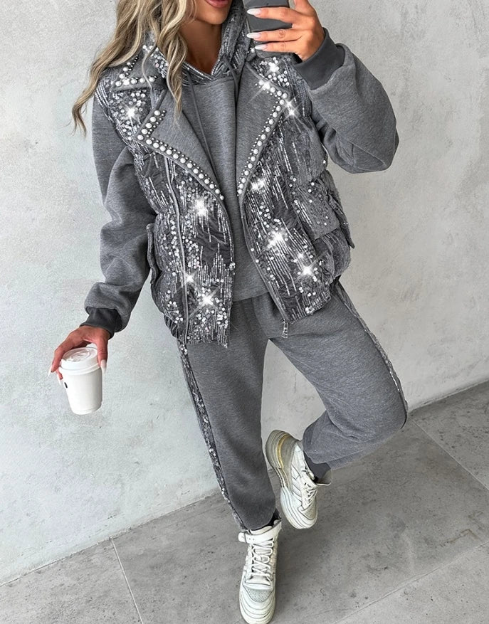 3Pcs women's 2025 autumn/winter fashion sequin long sleeved hooded sweatshirt and flared pants, paired with beaded down vest