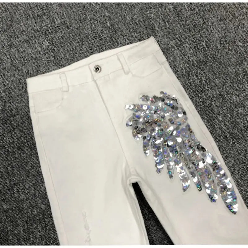 White Sequin Phoenix flower Denim Pants For women's 2025 New Korean Slim Elastic Pencil Skinny Jeans Female Ankle length Pants