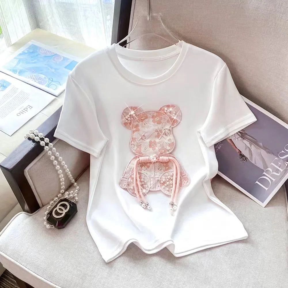 Buckle Pink Bear Beading T-shirt Heavy Handmade Diomand Shiny Bowknot Embroidery T Shirt Summer Tees Top Accessories Clothes