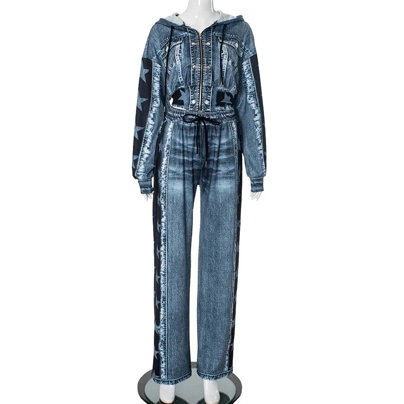 Vintage Woemen Two Piece Set Fashion Denim Look Printed Long Sleeve Crop Hoody Jacket and pants set