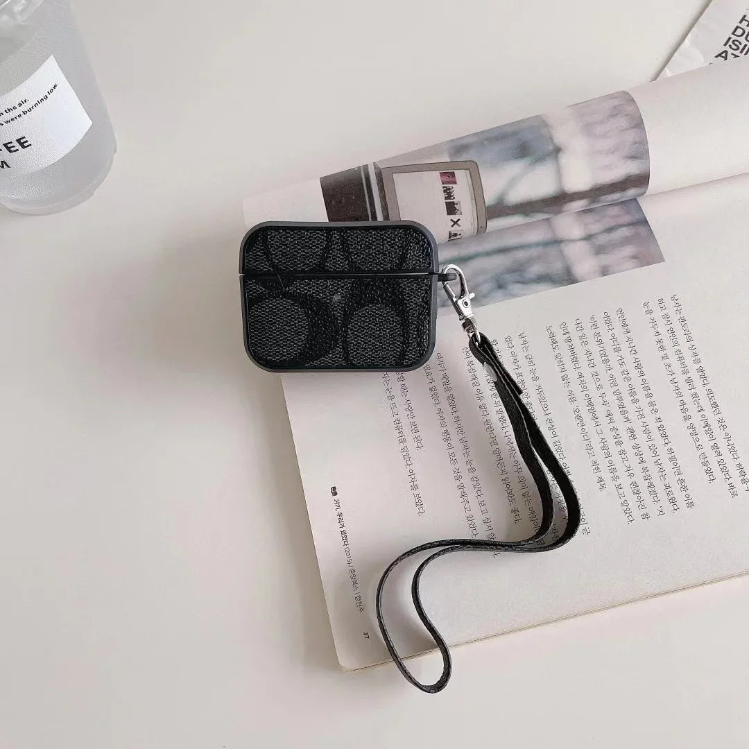 Luxury LeatherSilicone Soft Shell With Lanyard Bluetooth Headset Case For AirPods Pro 1 2 3 Cover C-C-O-A-C-H