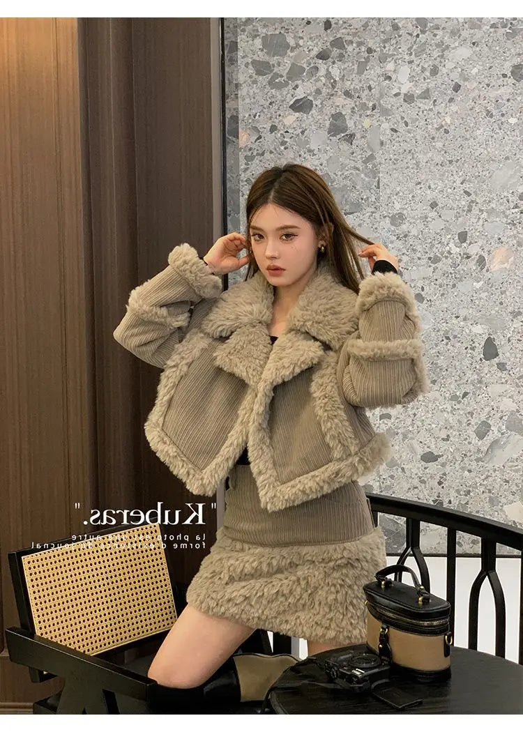 Retro style fashionable splicing furry short coat top high waist skirt short skirt two-piece suit winter women's clothing