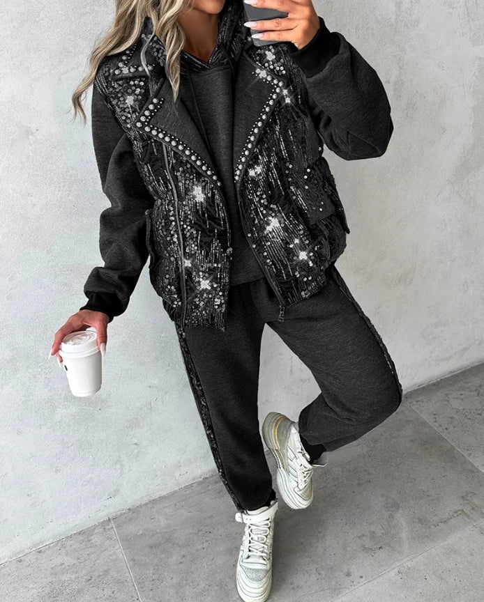 3Pcs women's 2025 autumn/winter fashion sequin long sleeved hooded sweatshirt and flared pants, paired with beaded down vest