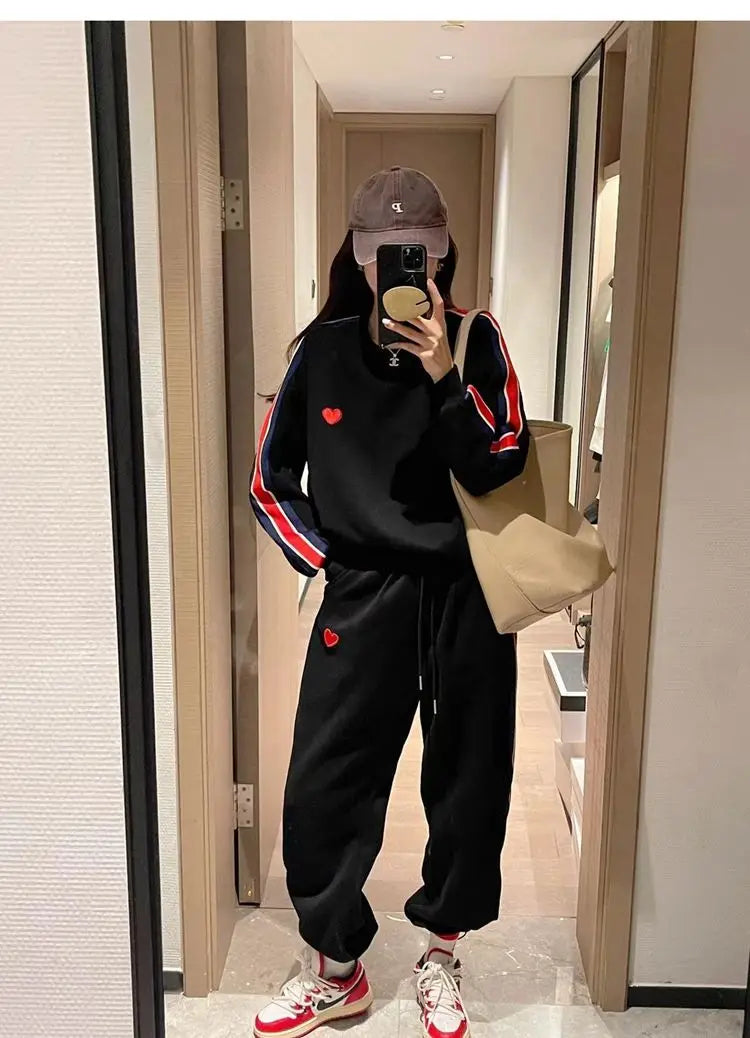 Autumn Cute Love Embroidery Pant Sets Two Pieces Tracksuits Khaki Side Striped Sweatshirt Women Girls Loose Sporty Korean Style