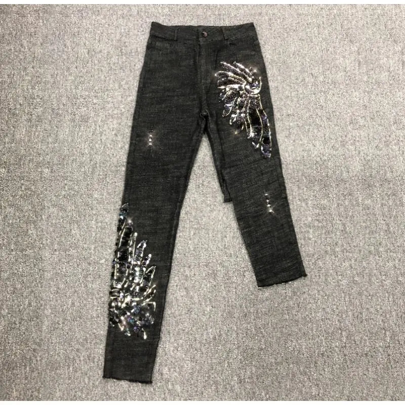 White Sequin Phoenix flower Denim Pants For women's 2025 New Korean Slim Elastic Pencil Skinny Jeans Female Ankle length Pants