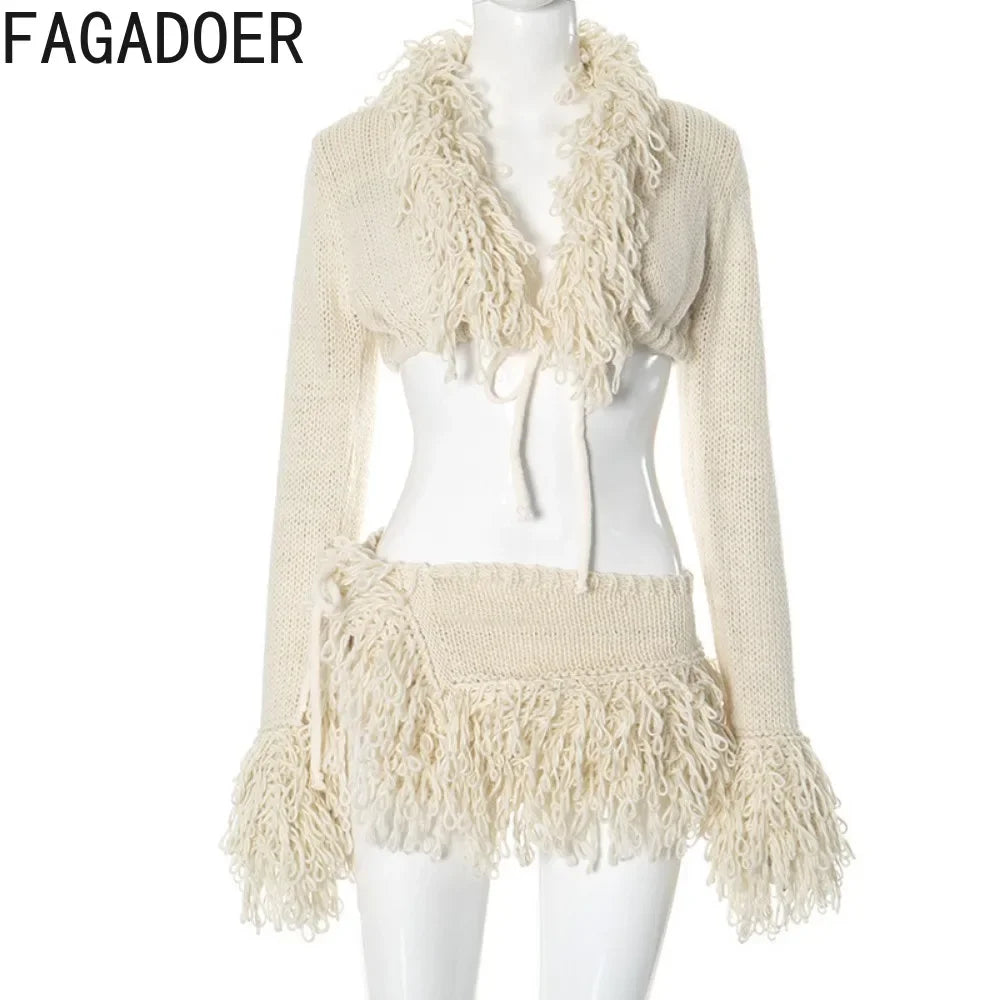 FAGADOER Knitting Sexy Two Piece Set For Women Lace Up Tassels Patchwork Crop Top + High Slit Skirt Suits Hot Girl Streetwear