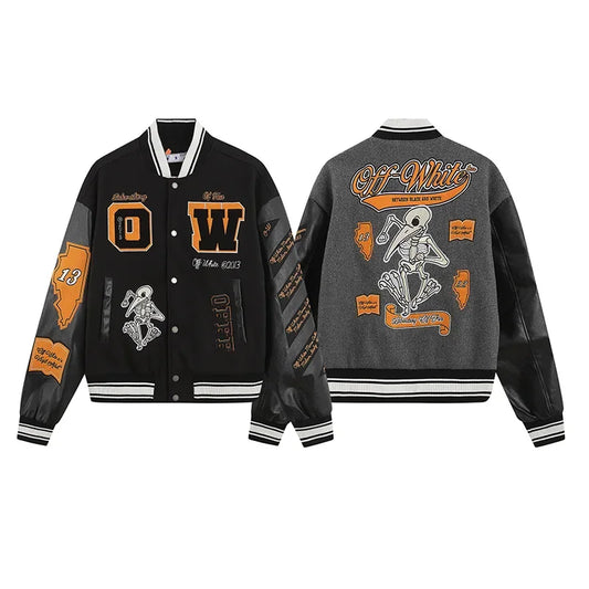 2022 Early Spring New OW Skull Embroidery Woolen Jacket With Cloth Sleeves Heavy Duty Embroidery Casual Style Loose Fit