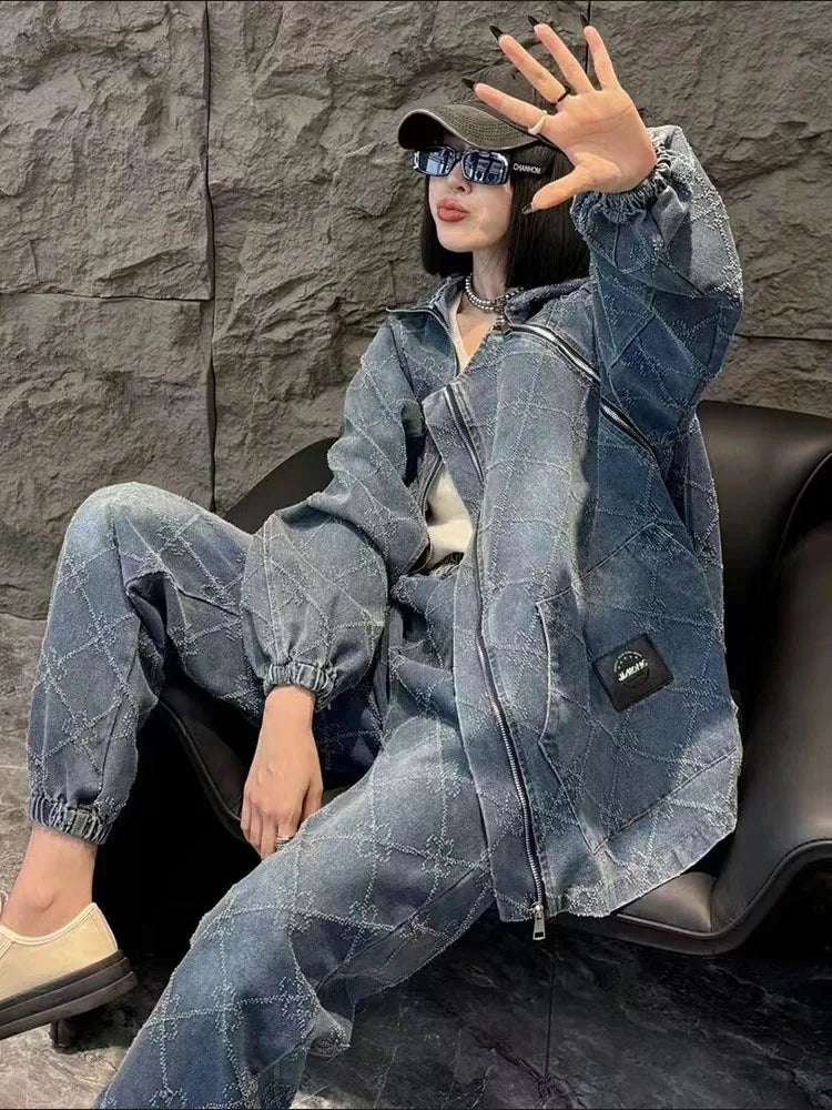 European denim fashion suit for women loose trendy for spring and autumn vintage denim jacket harem pants two-piece set trendy