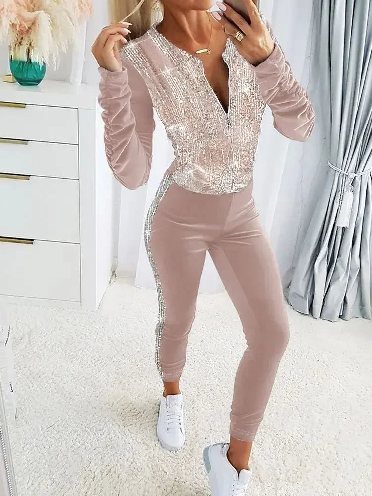 New Autumn Velvet Sets for Women 2 Pieces Suits Female Clothing Casual Contrast Sequin Zipper Design Coat & Pants Set Tracksuits