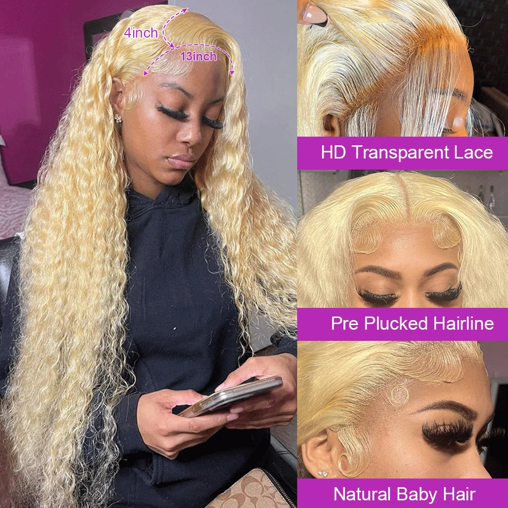 613 Transparent Hd Lace Front Human Hair Wig Curly 13x6 Honey Blonde Deep Wave Full Lace Frontal Wig Brazilian 40Inch 250Density