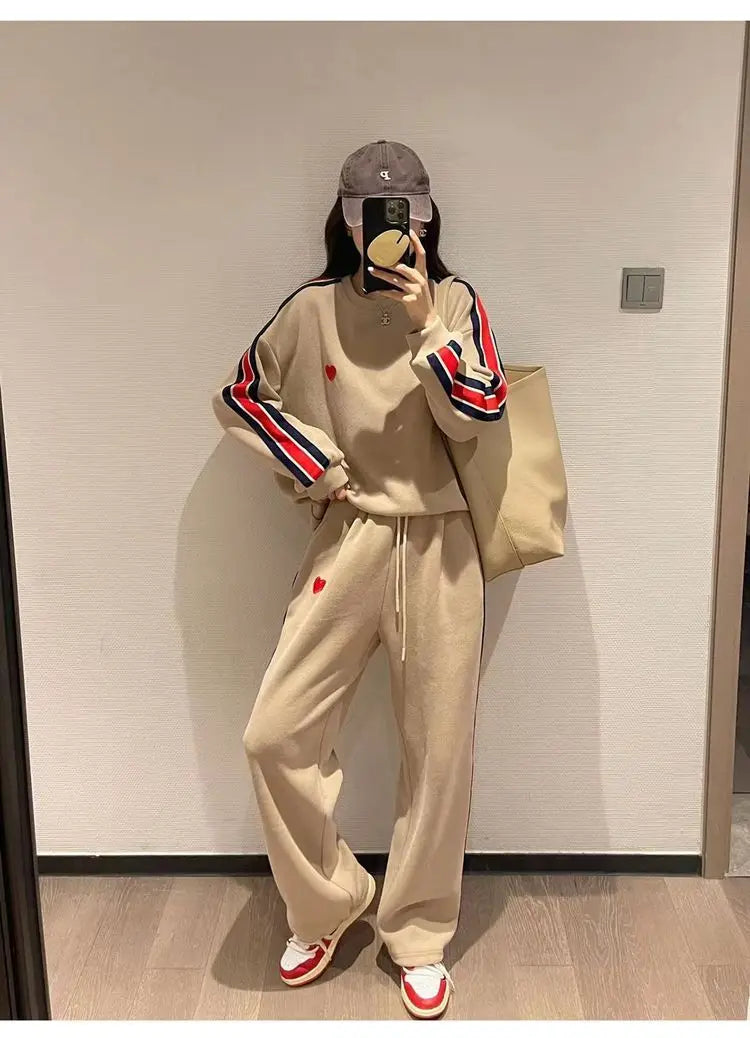 Autumn Cute Love Embroidery Pant Sets Two Pieces Tracksuits Khaki Side Striped Sweatshirt Women Girls Loose Sporty Korean Style