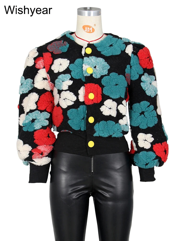 Streetwear Winter Warm Thick 3D Flowers Patchwork Jacket Women Puff Long Sleeve Single-breasted Baseball Coats Vintage Outwear