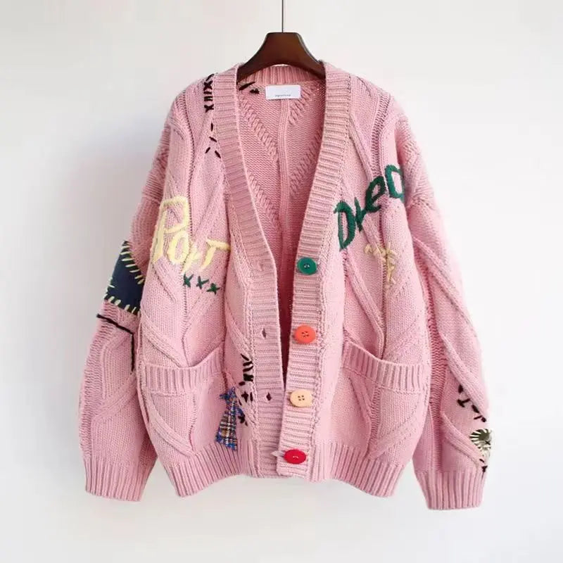 2024 Autumn Women's Cardigan Wool Sweater Korean Version New Embroidered Jacket Knitted Sweater Cardigan Hem Sweater Knitwear