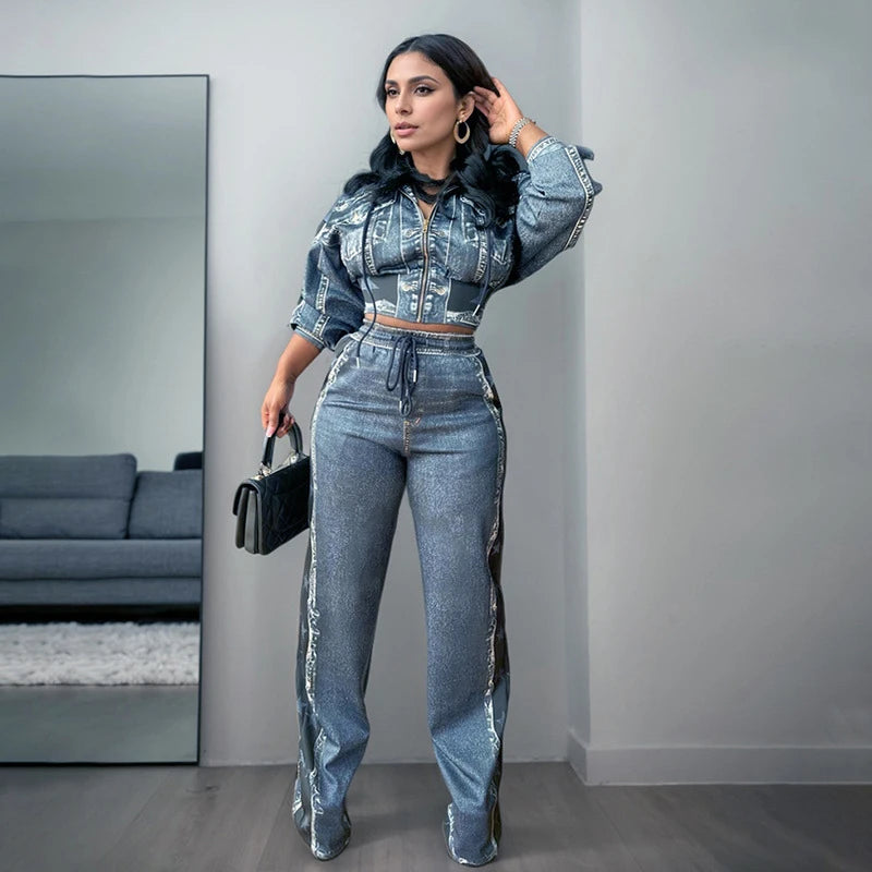 Vintage Woemen Two Piece Set Fashion Denim Look Printed Long Sleeve Crop Hoody Jacket and pants set