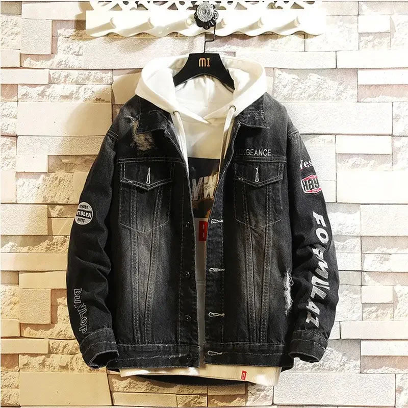 With Embroidery Men's Denim Jacket Autumn Trendy Fashion High Quality Male Jean Coats Fast Delvery Menswear Rock of Fabric Korea