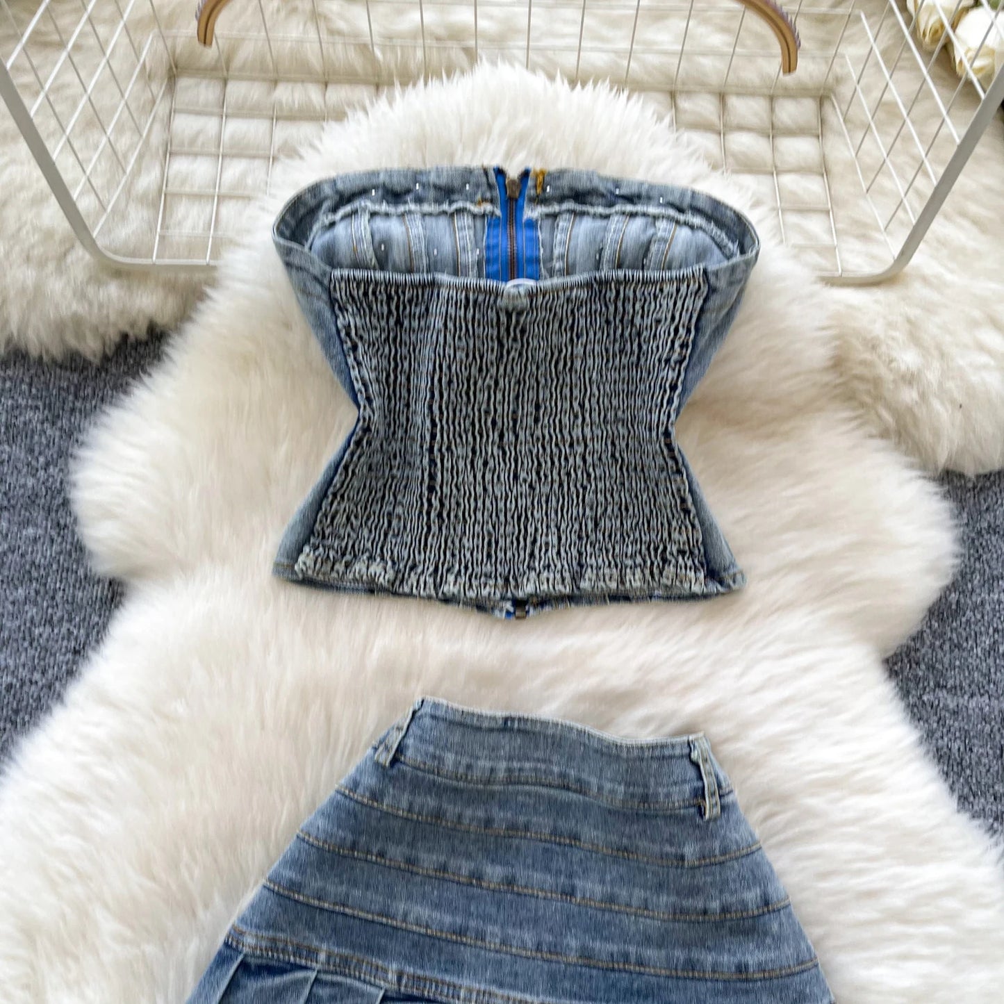 2025 New Women Denim Clothing Suits Chic Zipper Willow nail sleeveless strapless Tops + Pleated Jeans Mini Skirt 2-piece Sets