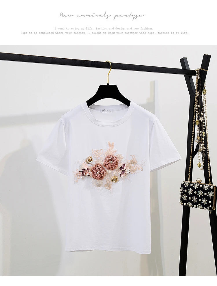 Fashion Cotton T-Shirt Tops + Short Jeans 2 Pieces Sets 2024 New Summer Women's Denim Pants Outfits 3D Flowers Beading Suits