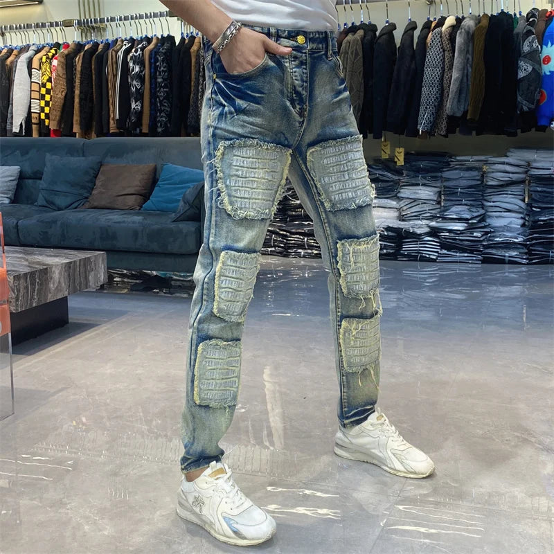 High Street Fashion Washed Vintage High Quality Hip Hop Jeans Vaqueros Hombre Zipper Used Beggar Pants Bootcut Jeans For Men