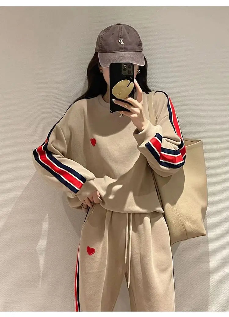 Autumn Cute Love Embroidery Pant Sets Two Pieces Tracksuits Khaki Side Striped Sweatshirt Women Girls Loose Sporty Korean Style