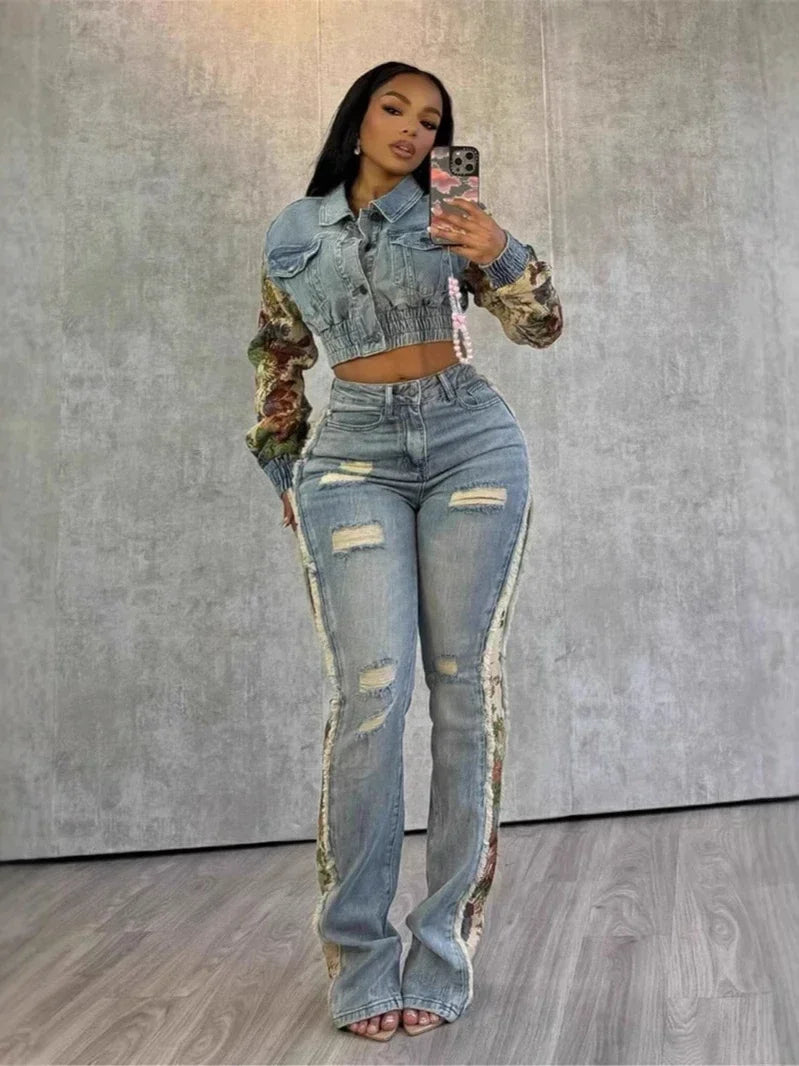 Denim Women's Set Floral Patchwork Full Sleeve Button Fly Jacket and Ripped Jeans Pants Suit 2024 Two 2 Piece Set Outfit