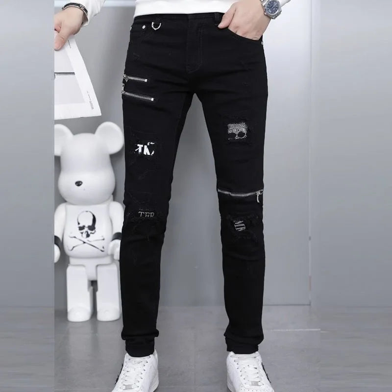 2024 Spring and Autumn Fashion Black Ripped Stretch Jeans Men's Casual Slim Breathable High-Quality Straight Leg Pants 28-36