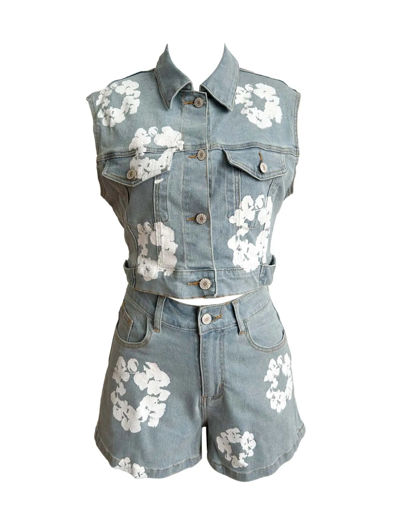 Summer Women'S Denim Outfits Casual Flower Print Stretch Crop Vest Top+Shorts Matching Sets Lady Y2k Two Piece Shorts  Denim Set