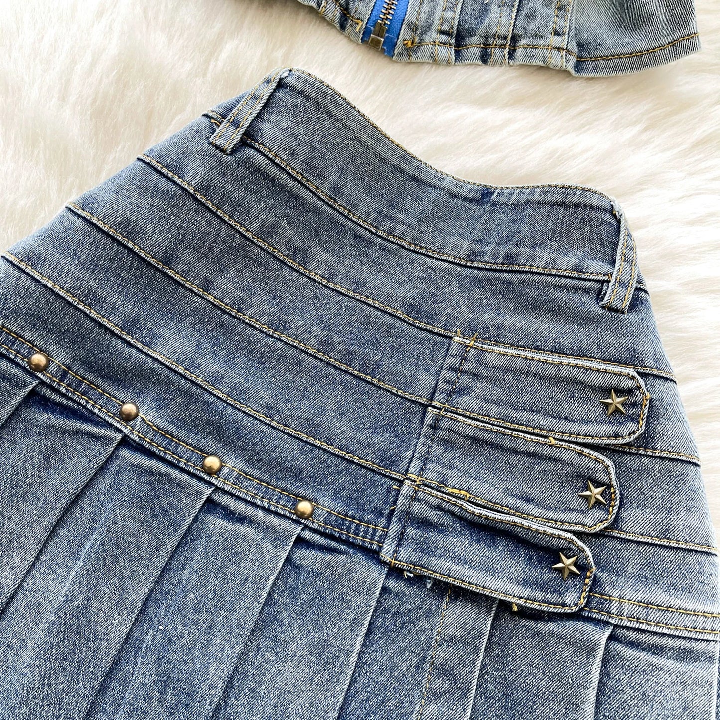 2025 New Women Denim Clothing Suits Chic Zipper Willow nail sleeveless strapless Tops + Pleated Jeans Mini Skirt 2-piece Sets