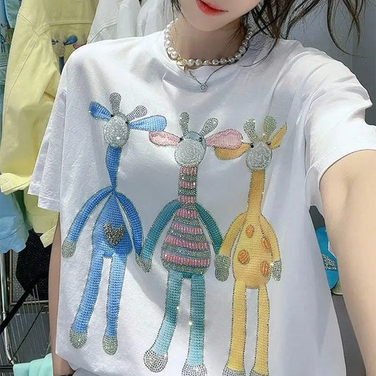 New Luxury Sweet Girl Giraffe Diamonds Crystals T Shirts Korean Fashion Ladies Tops High Quality Cotton Short Sleeve Summer Tee