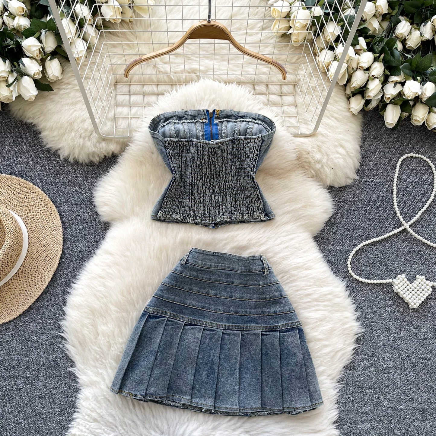 2025 New Women Denim Clothing Suits Chic Zipper Willow nail sleeveless strapless Tops + Pleated Jeans Mini Skirt 2-piece Sets