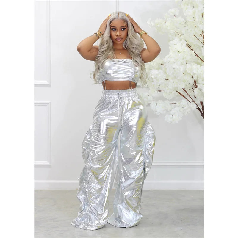 Gold Sliver Metallic Birthday Outfits Women Two Peice Sets Club Party Crop Top and Pants Streetwear Hip Hop Rave Festival Outfit