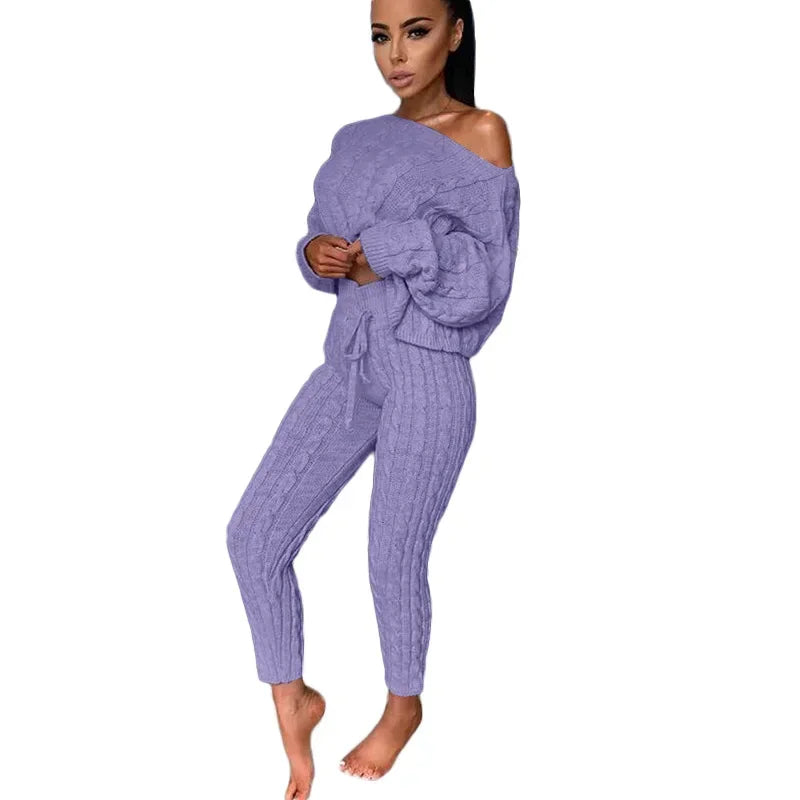 Women Set Two Piece Sets Autumn and Winter  Women O-neck Pullover Woolen Trousers Pants Suit Solid Casual Knitted Sweatshirt Set