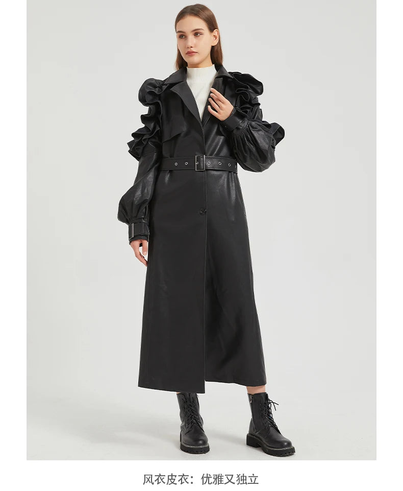 Lautaro Spring Autumn Long Ruffled Soft Pu Leather Trench Coat for Women Belt Elegant Luxury Designer Clothes Runway Fashion