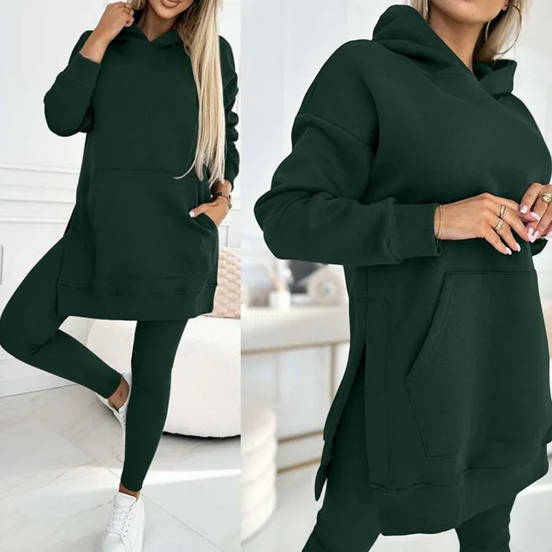 Women Pant Sets Two Pieces Tracksuit Hooded Solid Sweatshirts Pullover Pencil Pants Slim High Street Pockets Ankle Length