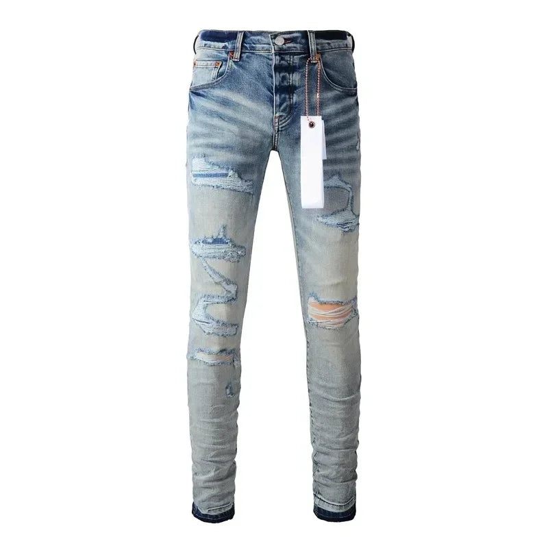 American Purples Jeans men Fashion brands top quality High Street Blue Patch Repair Low Rise Skinny Denim pants 28-40 size