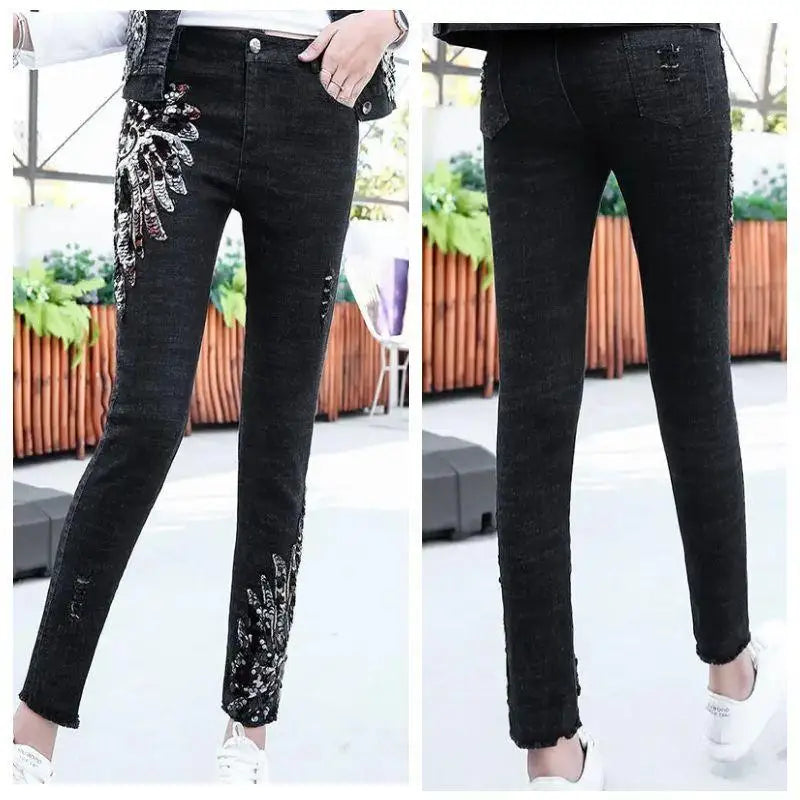 White Sequin Phoenix flower Denim Pants For women's 2025 New Korean Slim Elastic Pencil Skinny Jeans Female Ankle length Pants