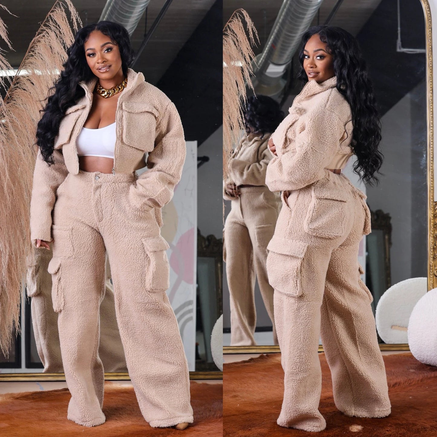 2 Piece Matching Clothes For Women Fur Jackets Tops and Pants Set Joggers Tracksuits Thick And Warm 2023 Winter Fashion Clothes