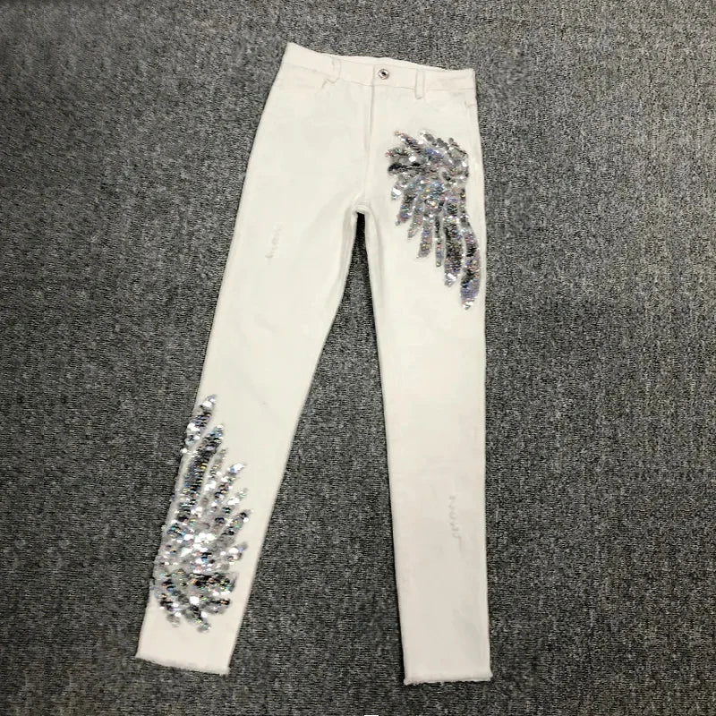 White Sequin Phoenix flower Denim Pants For women's 2025 New Korean Slim Elastic Pencil Skinny Jeans Female Ankle length Pants