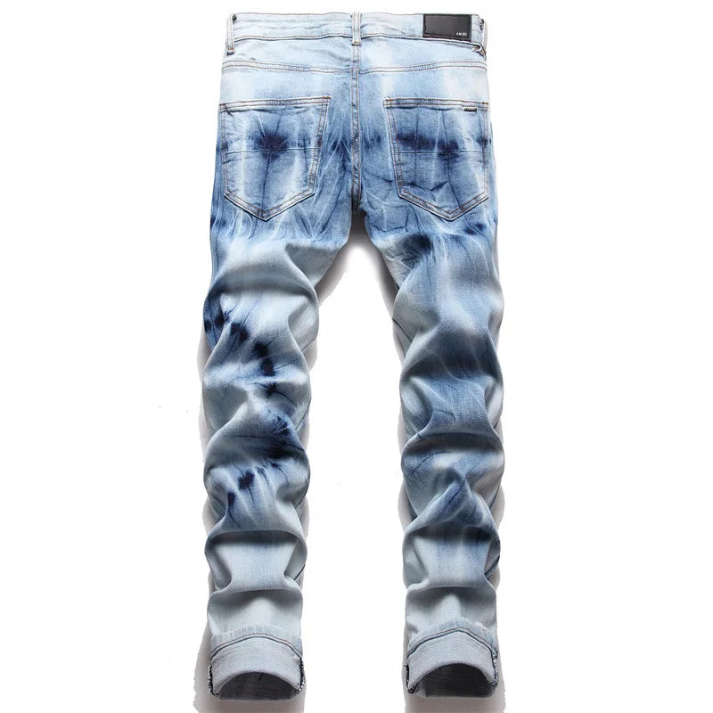 Men Light Blue Denim Jeans Skinny Holes Jeans New Fashion Stretch Denim Pants High Quality Male Slim Fit Denim Trousers Size 38