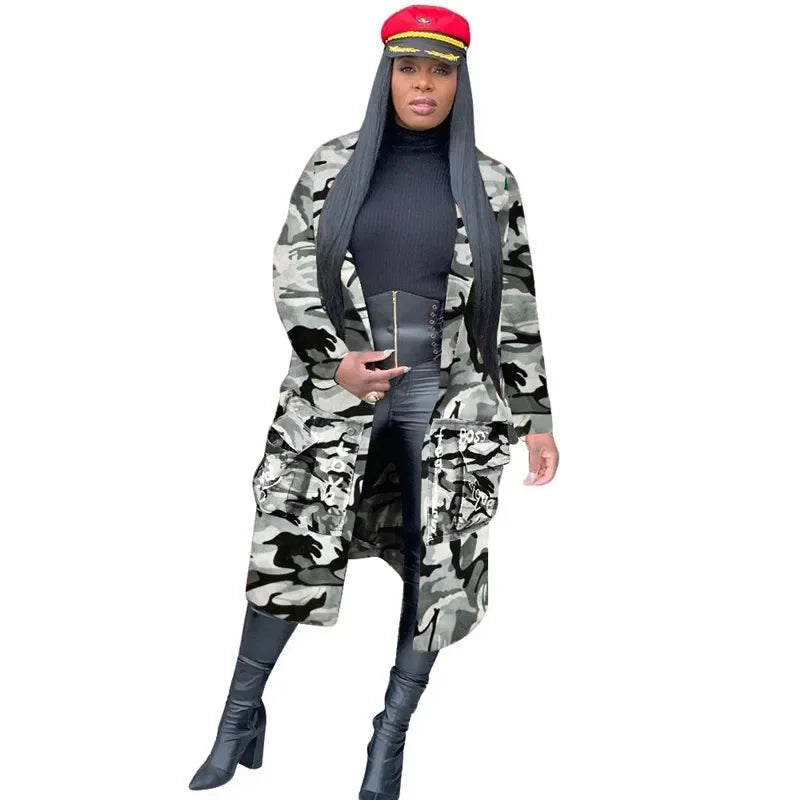 Camouflage Trench Jacket Women 2020 Plus Size Clothing Letter Print Coat Streetwear Long Style Crop Top Wholesale Dropshipping