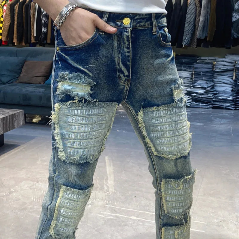 High Street Fashion Washed Vintage High Quality Hip Hop Jeans Vaqueros Hombre Zipper Used Beggar Pants Bootcut Jeans For Men