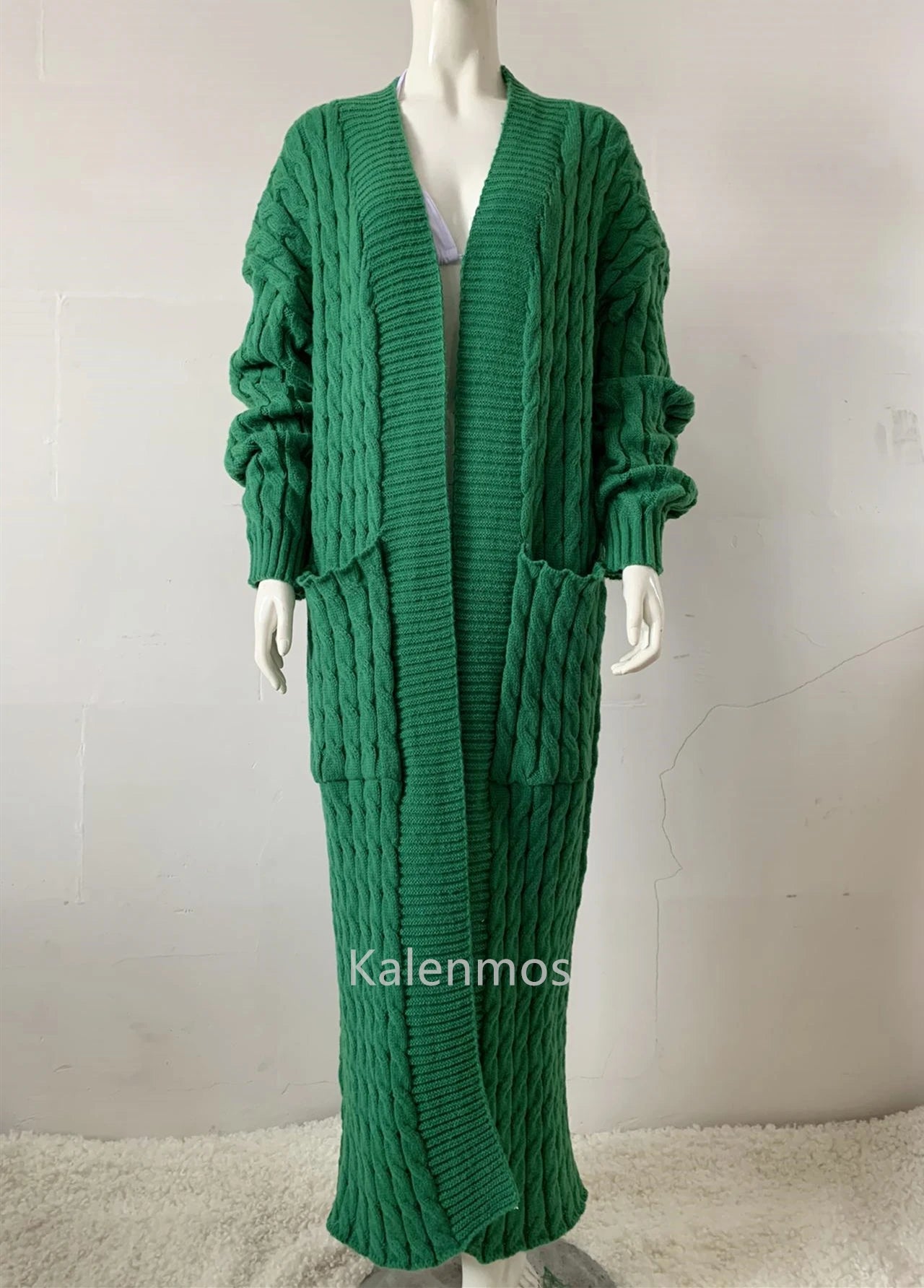 Kintted Cardigan Women Long Jacket Autumn Spring Green Crochet Loose Long Sleeve Winter Sweater 2023 Warm Jumper Coat Cardigans