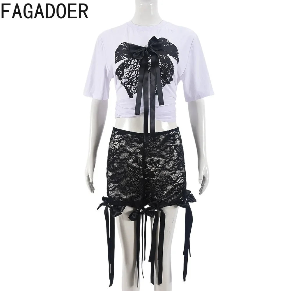 FAGADOER Fashion Y2K Sweet Bow Bandage Lace 2 Piece Sets Outfits Women Round Neck Short Sleeve Top And Shorts Outfits Streetwear