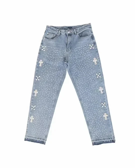 Retro Rhinestone Sequin Jeans Y2K Clothes Men Women Gothic Hip Hop Retro Blue Jeans Fashion Casual Wide Leg Trousers Streetwear